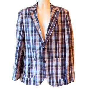Tailorbyrd Mens 42L Plaid Linen Cotton‎ Blue Blazer Jacket Summer Wedding Resort